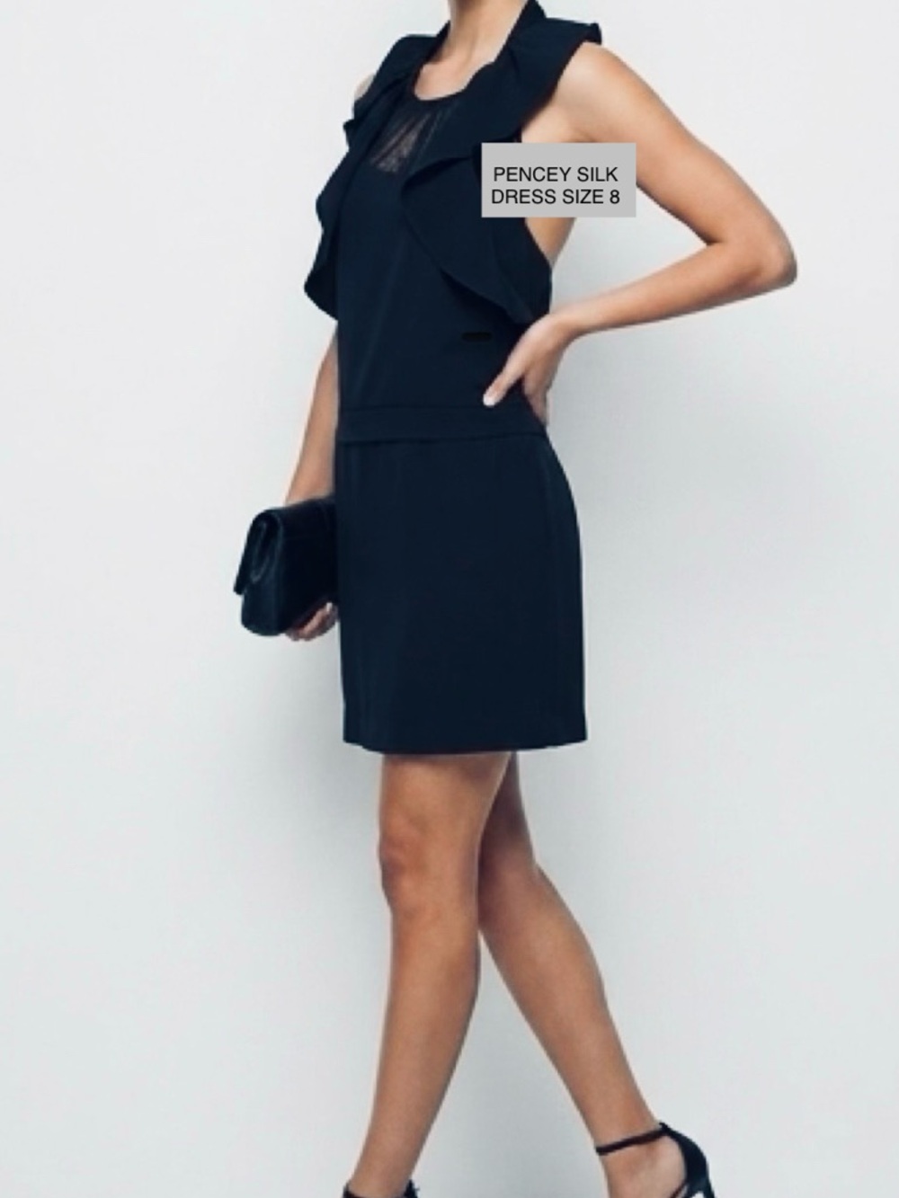 Silk Ruffle-Trim Belted Little Black Dress Lined size 8